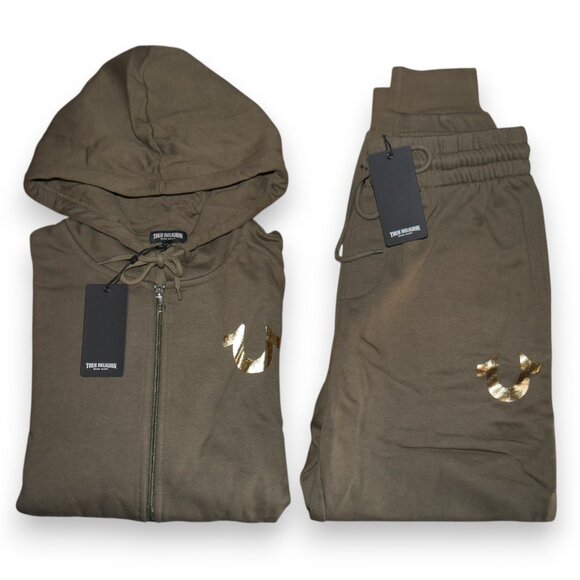 True Religion Men's 2 PC Sweatsuit Fleece Tracksuit Matching Outfit Olive Green